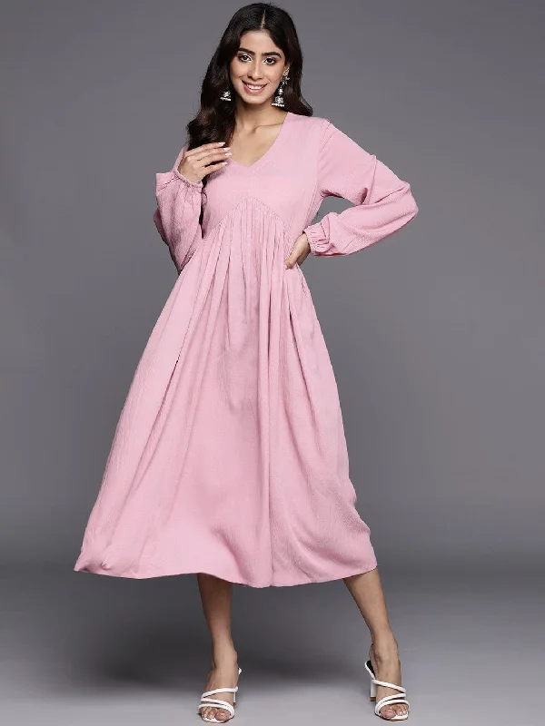 Varanga Women Pink V-Neck Bishop Sleeves Calf Length A-Line Dress Flared Hem