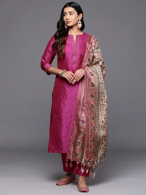 Varanga Women Pink Woven Zari Embroidered Straight Kurta With Bottom And Dupatta