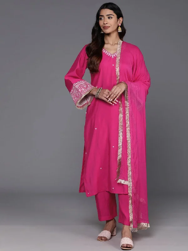 Varanga Women Pink Zari Embroidered V-Neck Straight Kurta Paired With Tonal Bottom And Dupatta