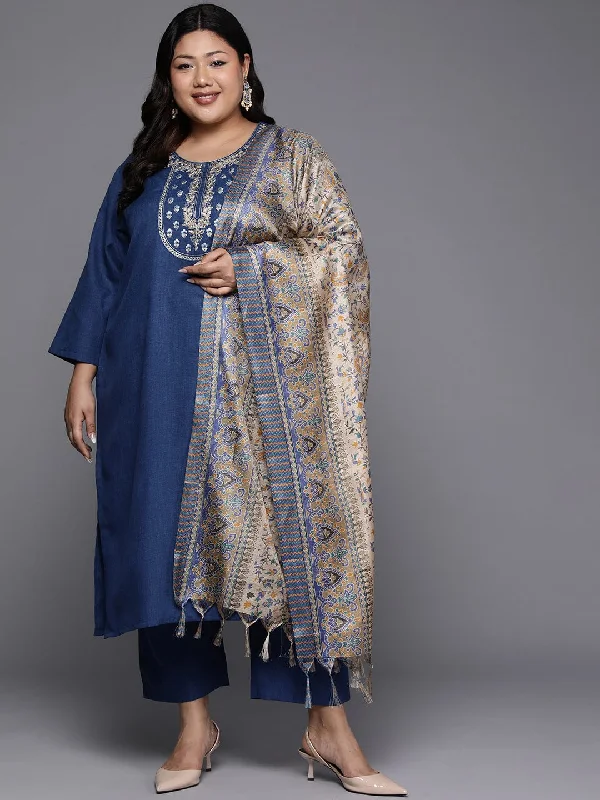 Varanga Women Plus Size Embroidered Yoke Straight Kurta Paired With Tonal Bottom And Printed Bhagalpuri Dupatta