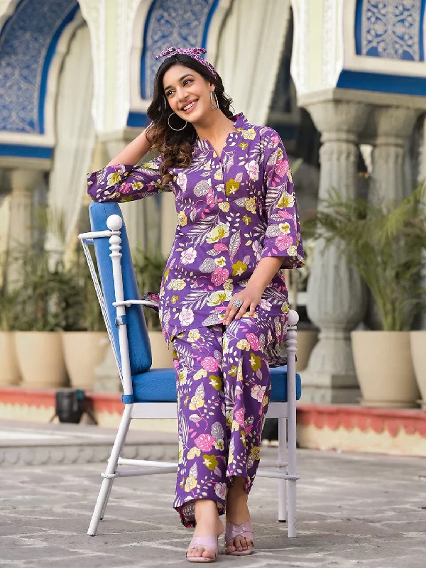 Varanga Women Purple Floral Printe Co-Ord Set