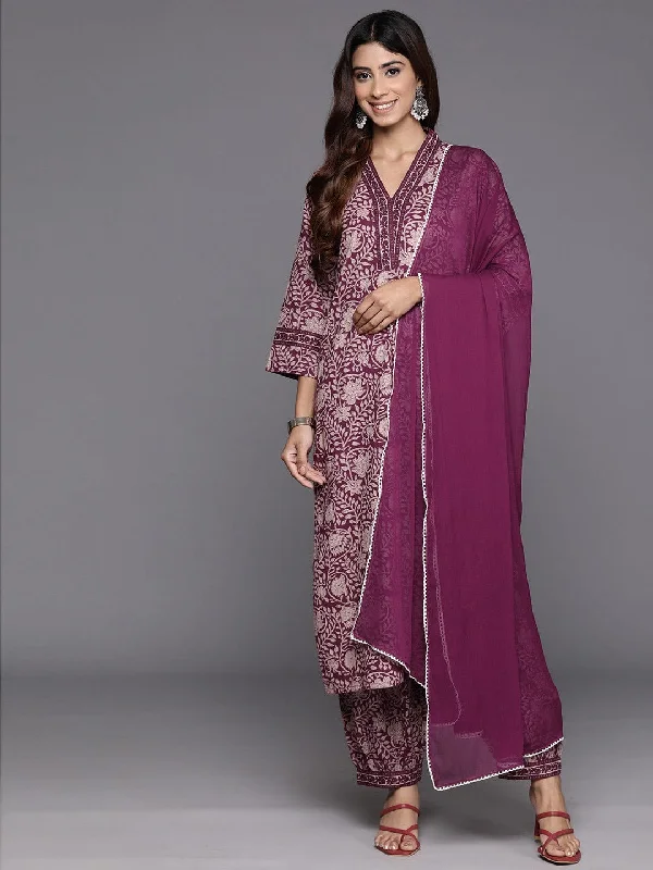 Varanga Women Purple Floral Printed Straight Kurta With Afghani Bottom And Dupatta