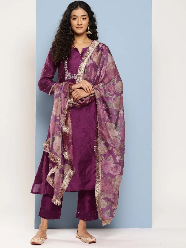 Varanga Women Purple Kurta With Round Neck With The Solid Bottom And Printed Dupatta