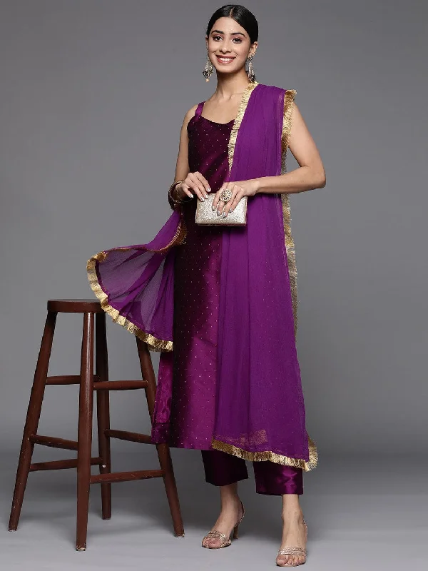 Varanga Women Purple Woven Design Kurta With Trousers & With Dupatta