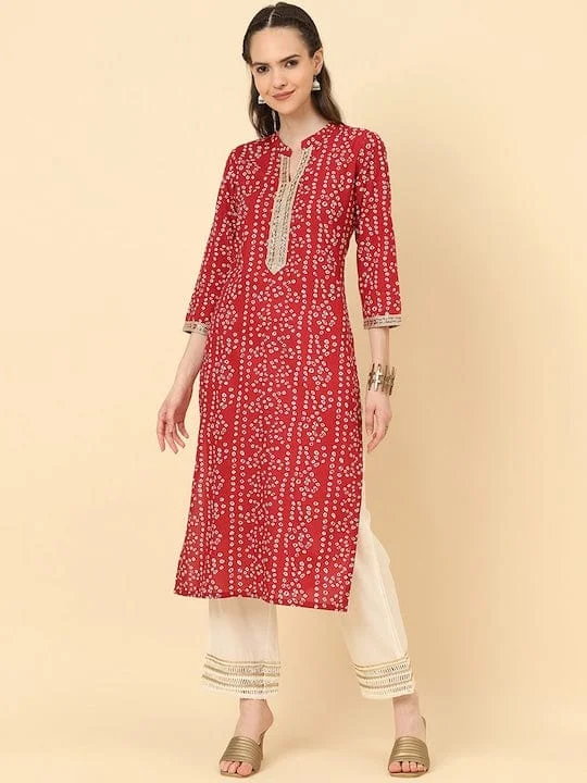 Varanga Women Red Bandhani Print Straight Kurta