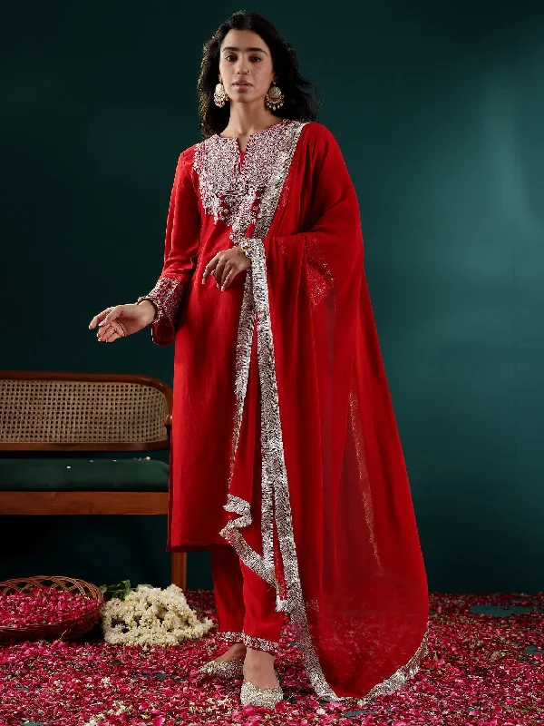 Varanga Women Red Embroidered A- Line Kurta With Bottom And Dupatta