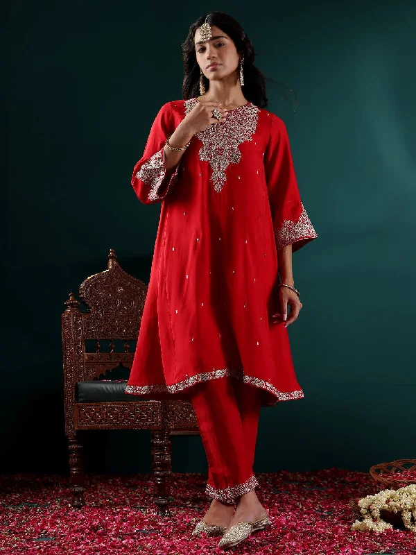 Varanga Women Red Embroidered Straight Kurta Paired With Tonal Bottom And Dupatta