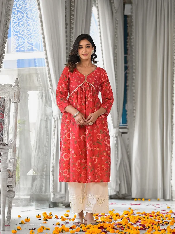 Varanga Women Red Floral Printed Sequin Embellished  A-Line Kurta With Three Quater Sleeves