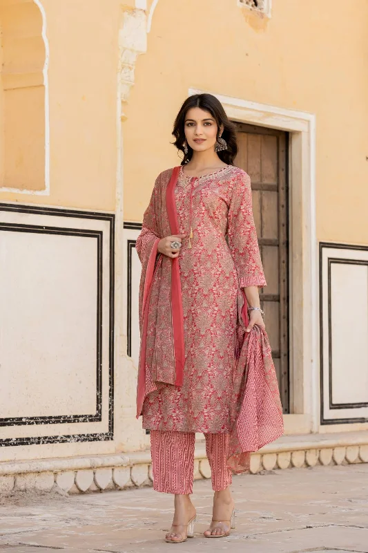 Varanga Women Red Printed Round Neck Straight Kurta With Bottom And Dupatta