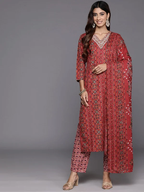 Varanga Women Red Printed  V-Neck Embroidered Kurta With Bottom And Dupatta