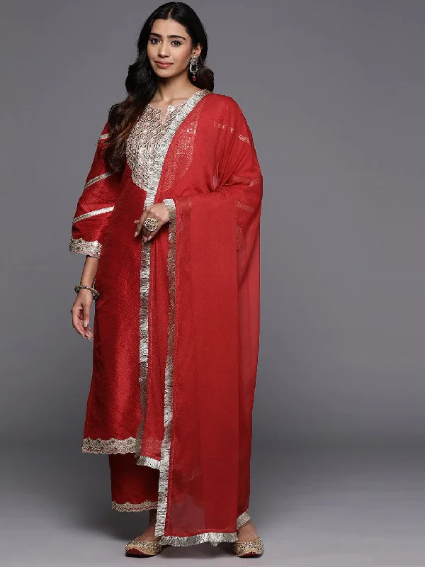 Varanga Women Red Yoke Embroidered Kurta With Bottom And Dupatta