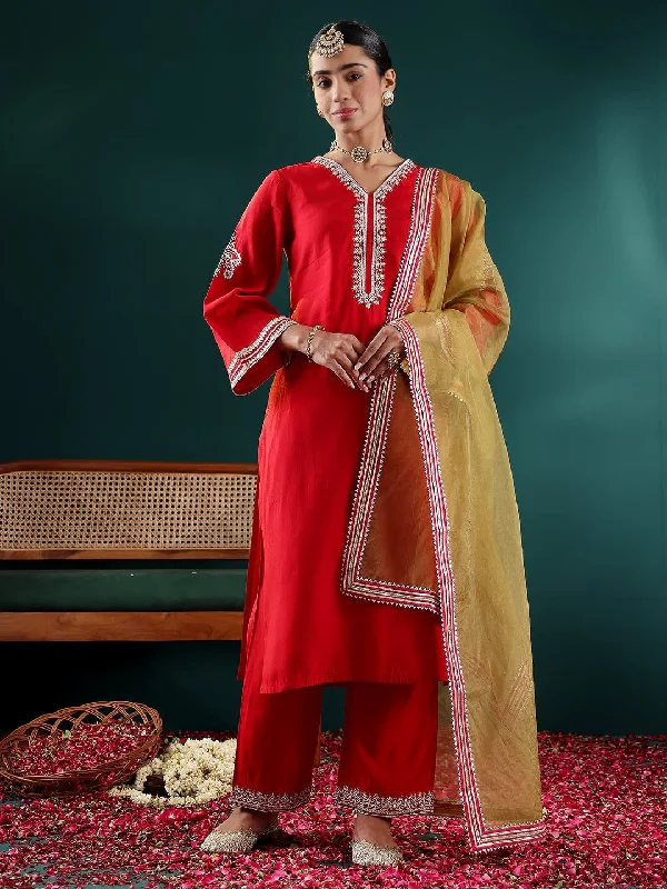 Varanga Women Red Zari Embroidered Kurta With Bottom And Dupatta