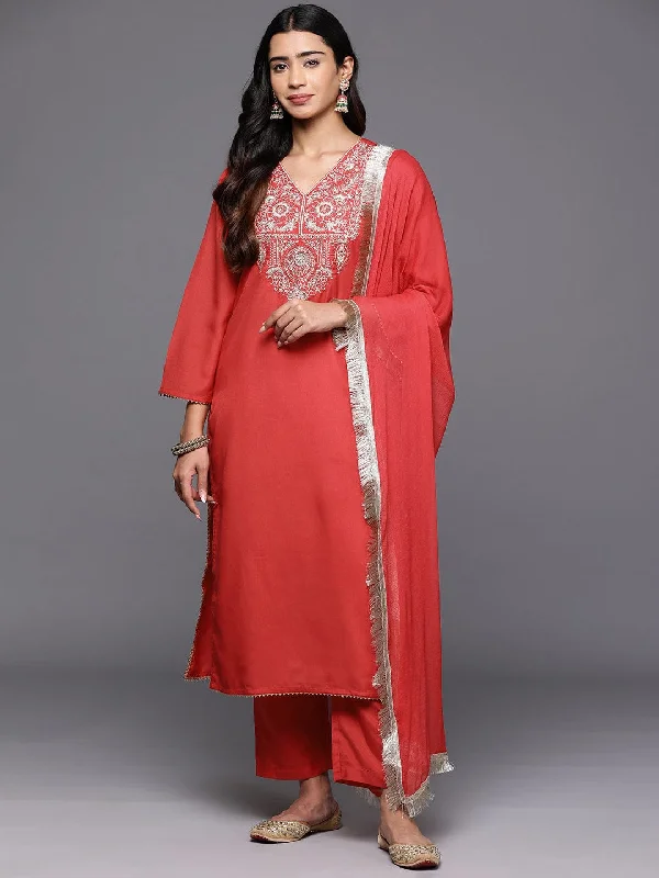 Varanga Women Red Zari Embroidered V-Neck Straight Kurta With Tonal Bottom And Dupatta