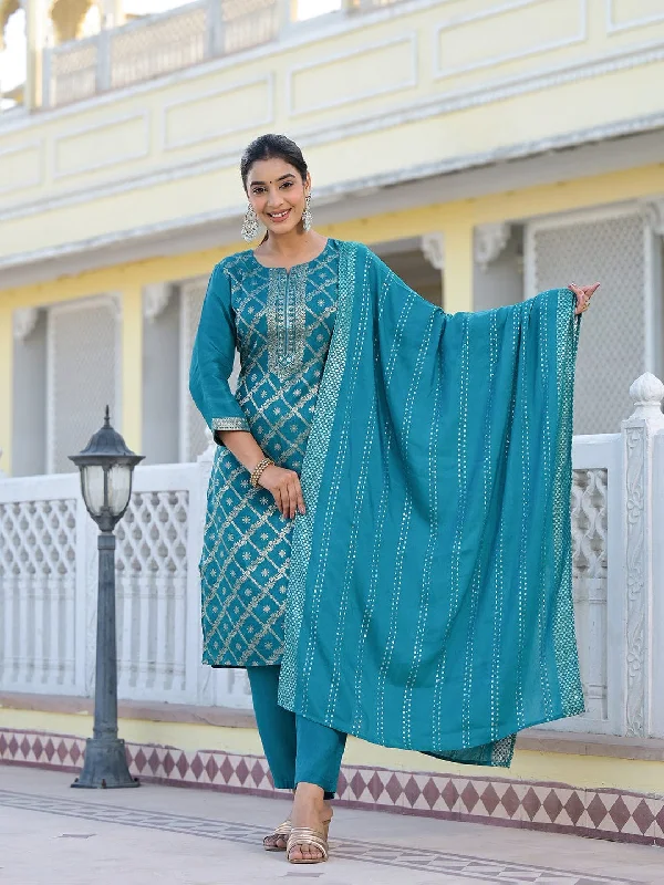 Varanga Women Round Neck Embellished Woven Design Kurta Paired With Bottom And Dupatta