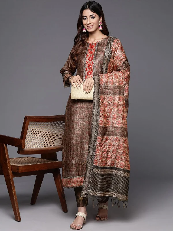 Varanga Women Round Neck Ethnic Printed Embroidered Kurta Paired With Solid Bottom And Embellished Dupatta