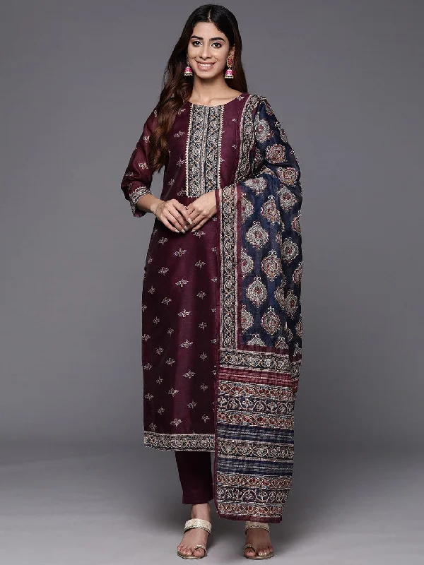 Varanga Women Round Neck  Ethnic  Printed Embroidered Kurta Paired With Solid Bottom And Embroidered Dupatta