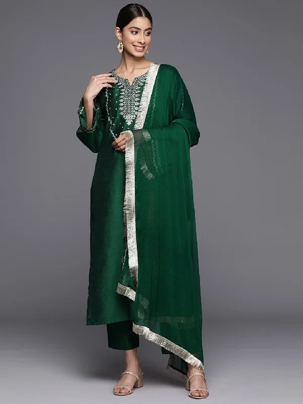 Varanga Women Round Neck Sequinned & Zari Kurta & Trouser With Fringed Detail Dupatta