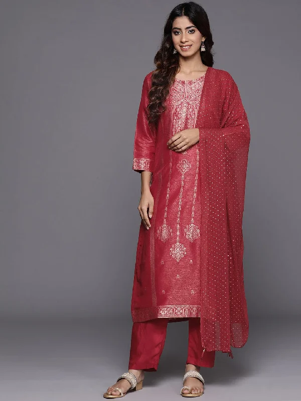 Varanga Women Rust Jacquard Weave Kurta With Bottom And Dupatta