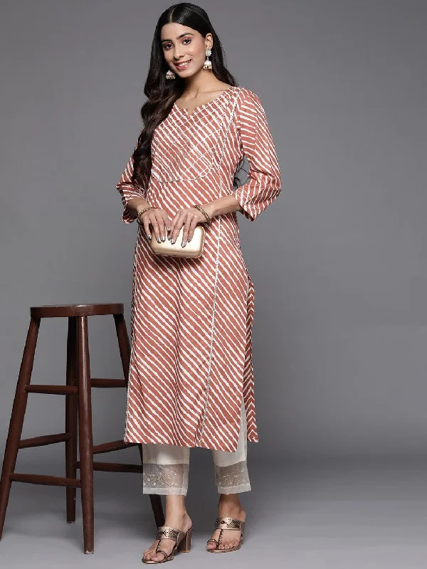 Varanga Women Rust Leheriya Striped Gotta Patti Kurta