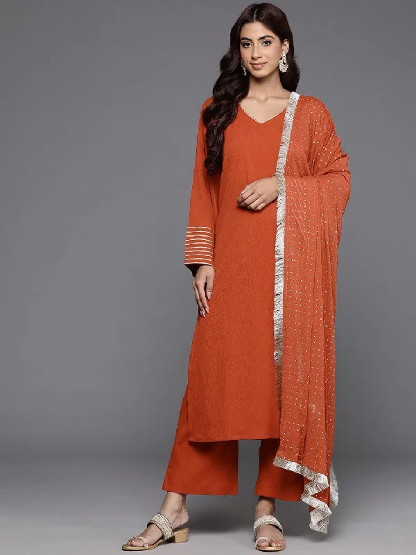 Varanga Women Rust Solid V-Neck  Embellished With Gota Straight Kurta Paired With Tonal Bottom And Dupatta