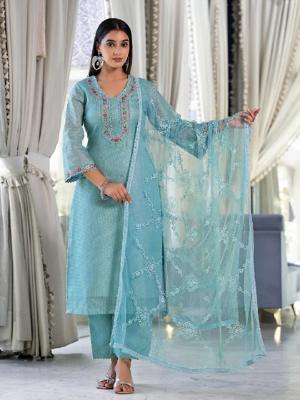 Varanga Women Sea Green Kota Check Thread Embroidered Kurta With Bottom And Dupatta