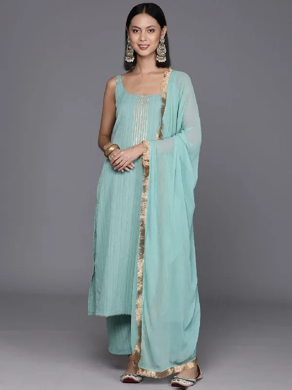 Varanga Women Sea Green Straight Kurta With Tonal Bottom And Dupatta