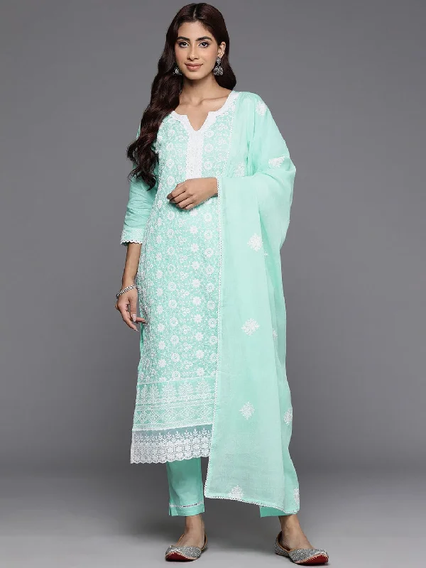 Varanga Women Sea Green Thread Embroidered Straight Kurta With Bottom And Dupatta