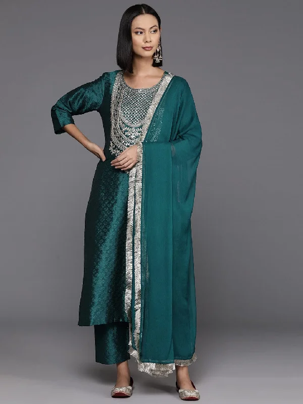 Varanga Women Teal Embroidered Straight Kurta Paired With Tonal Bottom And Dupatta