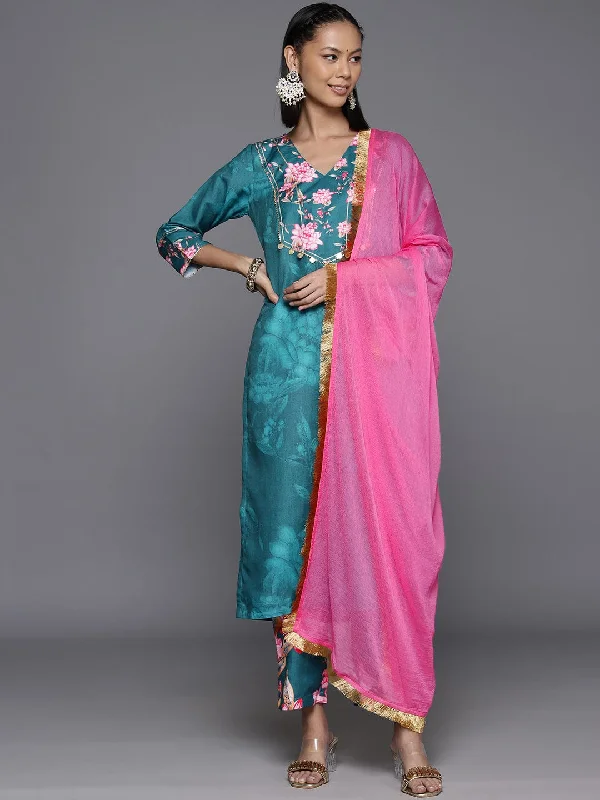 Varanga Women Teal Floral Printed Straight Kurta Paired With Bottom And Dupatta