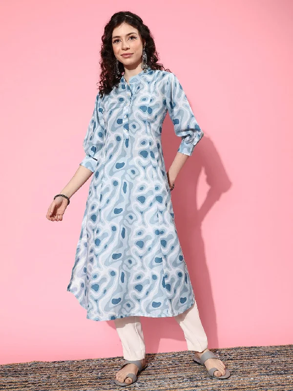 Varanga Women Turquoise Blue And White Printed Cotton Kurta