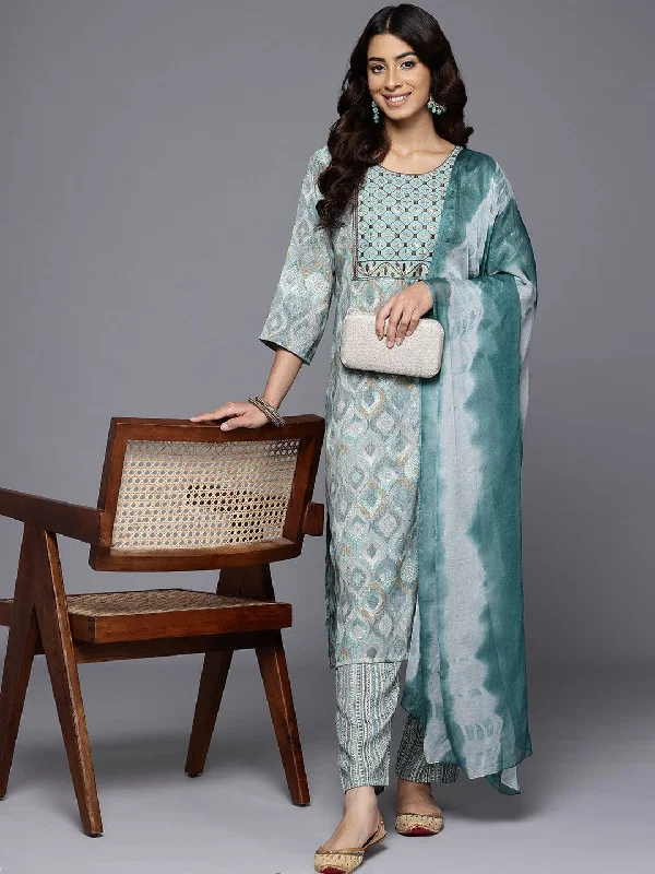 Varanga Women Turquoise Blue Round Neck Embroidered Yoke Printed Kurta Paired With Printed Bottom & Tie-Dye Dupatta