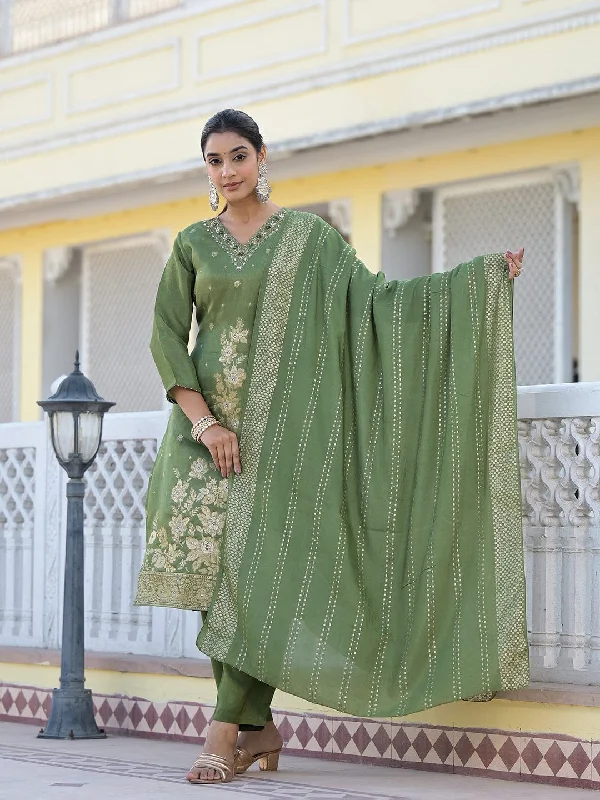 Varanga Women V Neck Gotta Patti Embroidered Kurta Paired With Tonal Bottom And Dupatta