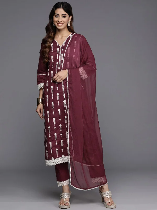 Varanga Women V Neck Thread Embroidered Kurta Paired With Tonal Bottom And Dupatta