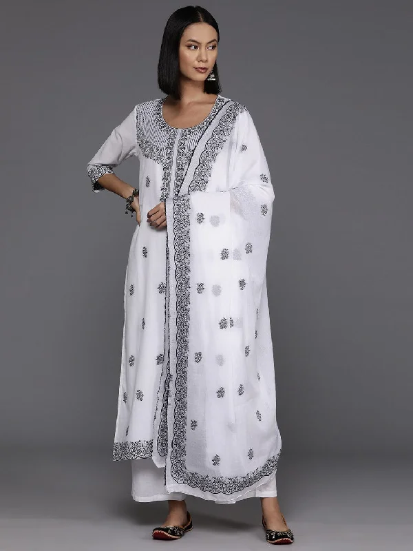 Varanga Women White & Black Woven Design Straight Kurta Paired With Bottom And Dupatta