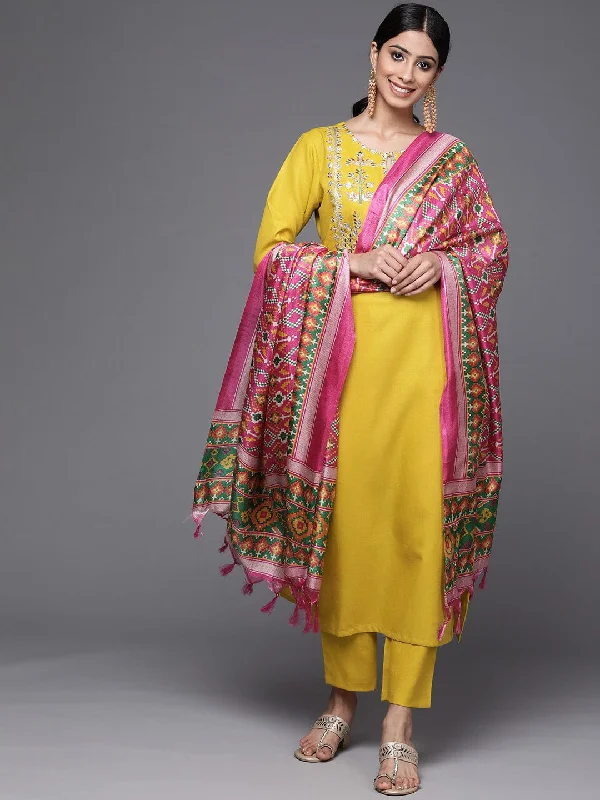 Varanga Women Yellow Yoke Design Kurta With Trousers And Dupatta Set