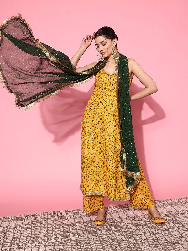 Varanga Yellow Ethnic Motifs Printed Regular Sequinned Kurta With Palazzos Dupatta