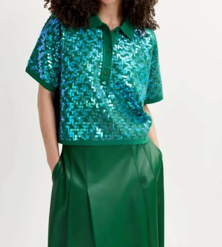 Glitz Sequin-Embellished Polo Top In Dark Green