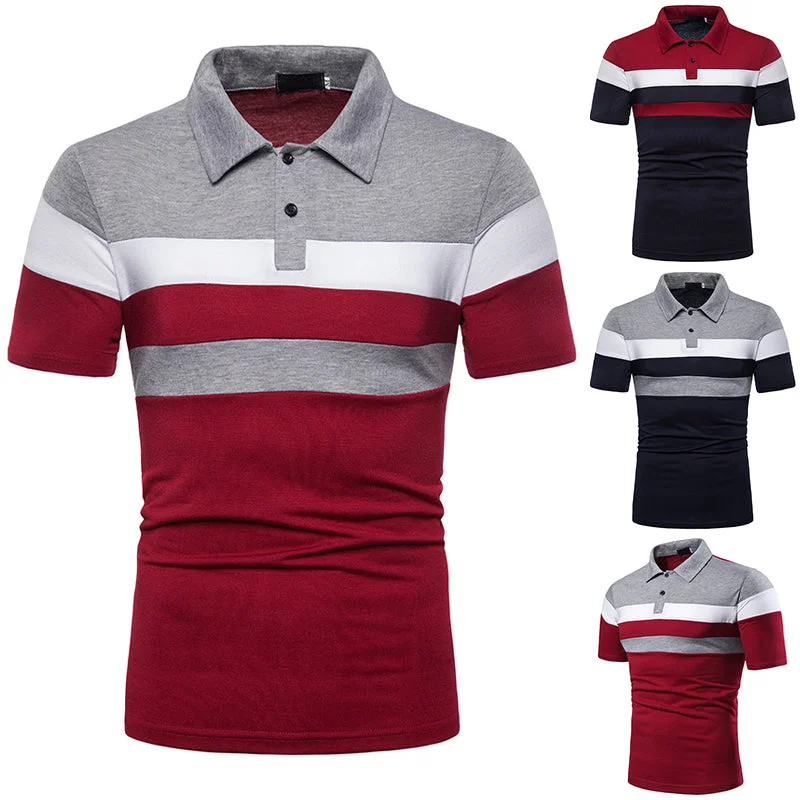 Mens Striped Printed Polo Shirt Short Sleeve Tops Blouse Pullover Blouse Buttons