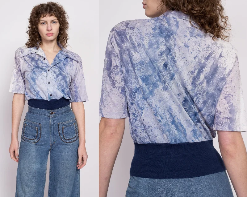 70s Blue Abstract Polo Crop Top - Medium