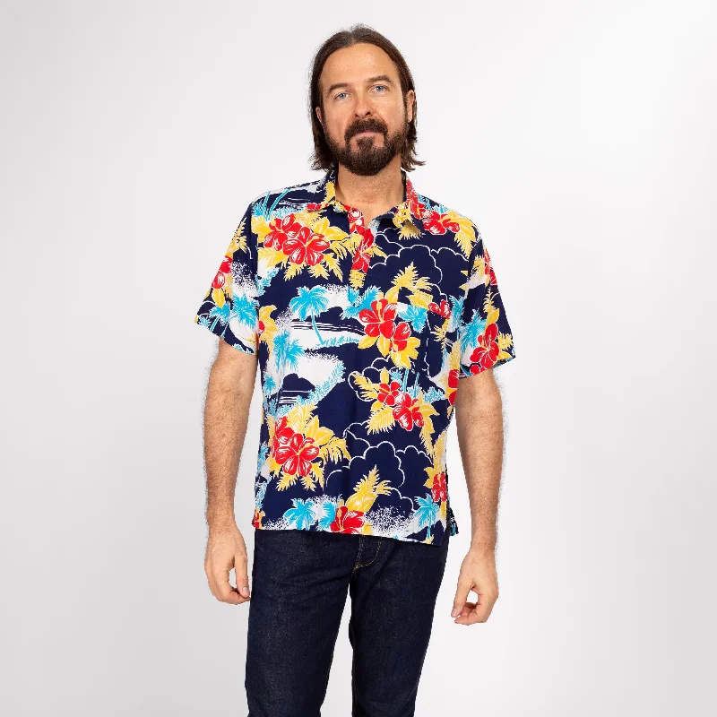 Med-Lrg 80s Hawaiian Floral Polo Aloha Shirt