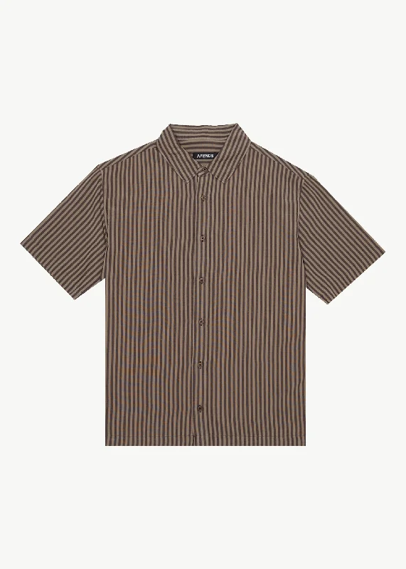 AFENDS Mens Space - Short Sleeve Shirt - Coffee Stripe