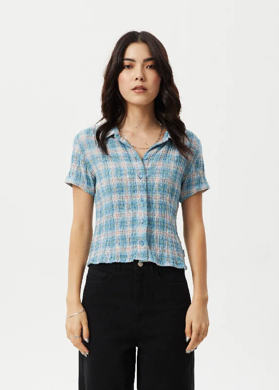 AFENDS Womens Position - Seersucker Check Short Sleeve Shirt - Lake Check