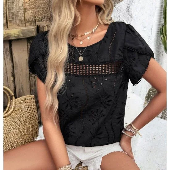 Black Elegant Casual Jacquard Short Sleeved Top Blouse