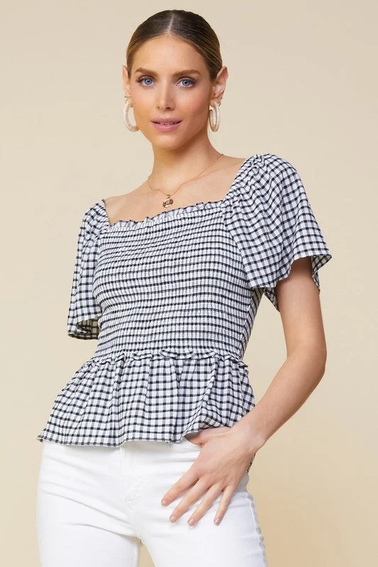 Black White Short Sleeve Smocked Peplum Squareneck Top