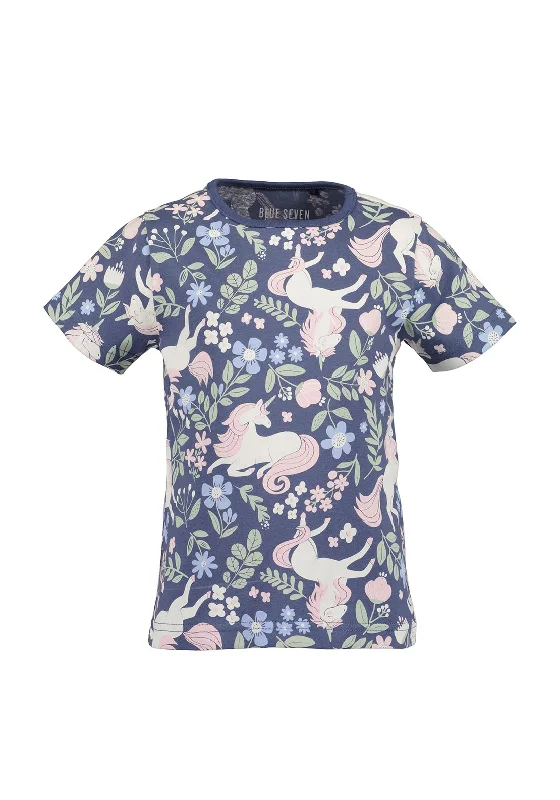 Blue Seven Girl Floral Unicorn Short Sleeve Tee, Navy