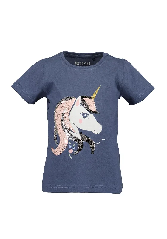 Blue Seven Girl Sequins Unicorn Short Sleeve Tee, Navy