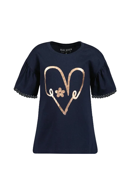 Blue Seven Girl Foil Heart Short Sleeve Tee, Navy