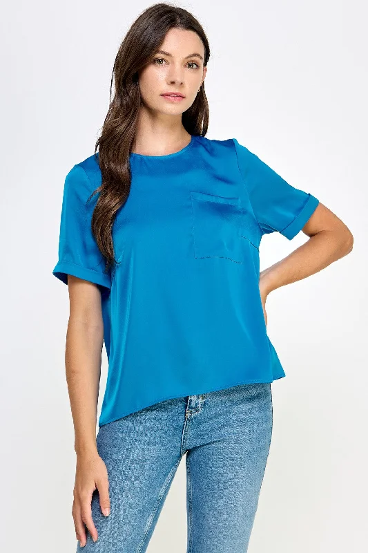 Classic Blue Front Pocket Short Sleeve Satin Tee Top