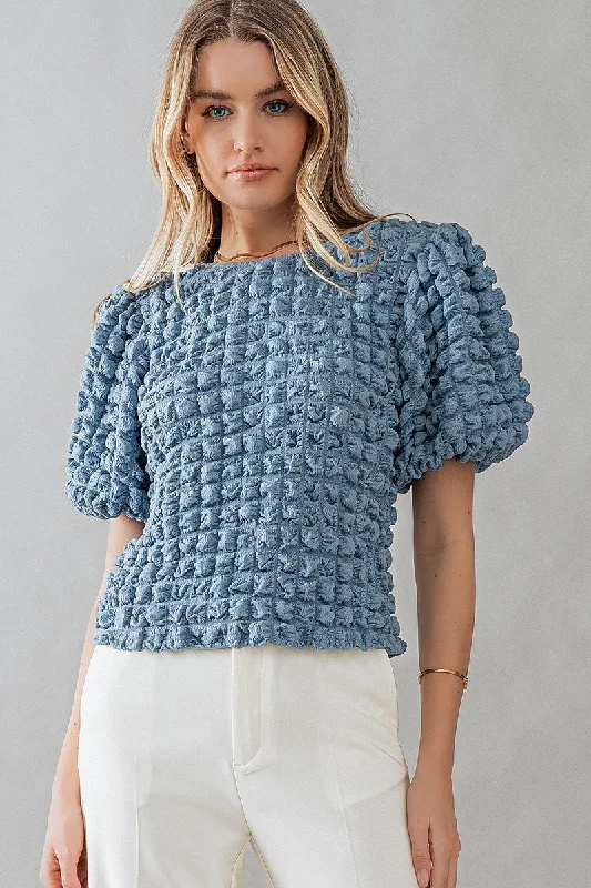 Dusty Blue Short Sleeve Bubble Texture Top