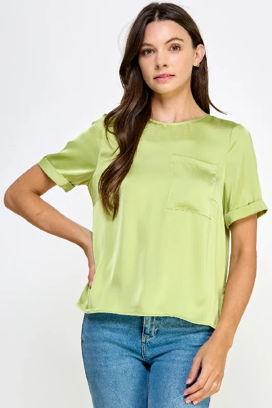 Dusty Citron Front Pocket Short Sleeve Satin Tee Top